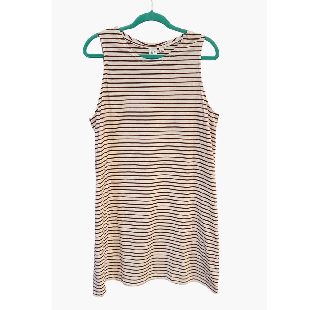 Gap Women Large Sleeveless Stripe T-Shirt Dress White Brown Cotton Mini L Cotton